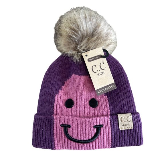 Kids Smiling Lined Fur Pom CC Beanie Warm Lining Purple Lavender NWT - Picture 2 of 8